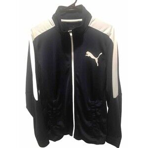 PUMA Track Jacket Full Zip Mens Small Navy Blue White Strips EUC